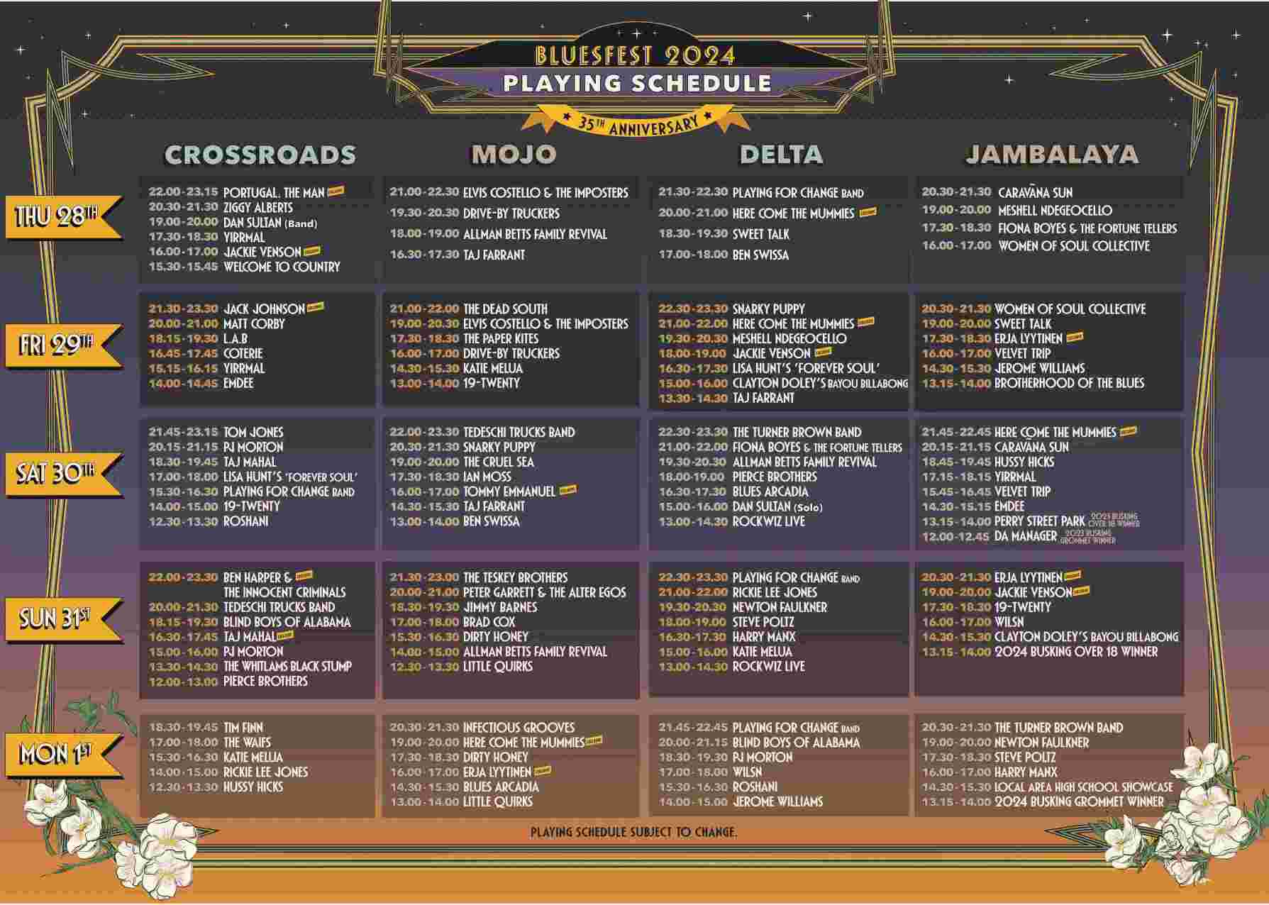 Byron Bay Bluesfest 2024 playing schedule